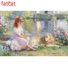 FATCAT 5D DIY Diamond Painting Garden girl and dog Full Diamond Embroidery Cross Stitch kit Mosaic Animals home decor AE1255 2024 - buy cheap