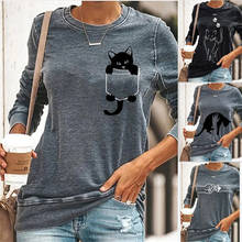 Camiseta con estampado de gato para mujer, remera informal Harajuku con cuello redondo, playera barata con dibujo de gato divertido, camisetas de estilo coreano 2024 - compra barato