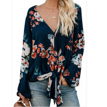 Блузка женская с цветочным принтом, повседневный топ с V-образным вырезом и завязкой спереди, рубашка с длинным рукавом, свободный винтажный Топ 2024 - купить недорого