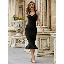2020 Women Fashion Sexy Halter Solid Black Bandage Dress Split Designer Fishtail Trumpet Evening Party Dress Vestido 2024 - buy cheap