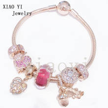 XIAOYI 2020 New 100% S925  A rose-colored cake with feathered zircon leaves and a clasp for a gentle wedding birthday bracelet 2024 - buy cheap