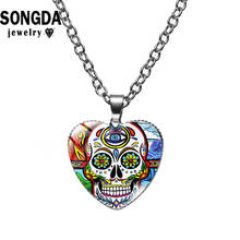 SONGDA Vintage Colorful Floral Sugar Skull Heart Shaped Necklace Creative Handmade Art Patterns Glass Cabochon Pendants Jewelry 2024 - buy cheap