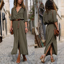 Spring Summer 2021 Women Long Dress Long Sleeve Sexy Button A-Line Solid Shirt Dresses With Belt Sexy Summer Dress vestidos 2024 - buy cheap