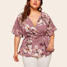 Camisa Floral con cuello en V para Mujer, blusa informal de manga corta con estampado de cinturón en la cintura, talla grande 5xl 2024 - compra barato