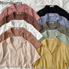 Nomikuma camisa feminina com gola entalhada, blusa solta, de manga curta, com cor sólida, casual estilo coreano 2024 - compre barato