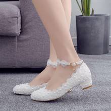 Large Size Women's Shoes Square Heel Round Head Single Shoes White Lace Pearl Wedding Shoes Fashion Pumps Party Dress High Heels 2024 - buy cheap