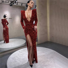 Red Deep-V Sequined Luxury Sexy Evening Dresses 2021 Long Sleeve Sparkle Mermaid Formal Dress Serene Hill LA70449 2024 - buy cheap