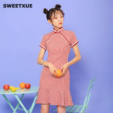 SWEETXUE Women Retro Chinese Style Modern Girl Plaid Cheongsam Fishtail Dress 2020 Fashion Elegant Short Sleeve Mini Party Dress 2024 - buy cheap