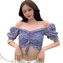 Women's Floral Print Slash Neck Puff Sleeve Blouses Summer Sweet Short Sleeve Ladies Shirt 2024 - buy cheap