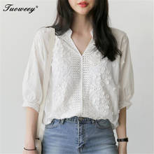 2020 Summer cotton Elegant Lace Blouse Loose Plus Size blouse Women Tops Sexy V Neck Black White 3d Flower Embroidered Shirt 2024 - buy cheap