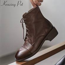 Krazing Pot comfortable cow leather fashion square heel round toe zip winter shoes lace up concise brand cozy ankle boots L1f1 2024 - buy cheap