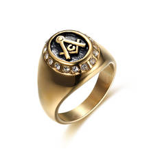 Anel masculino com pedra de cristal dourada, anel maçônico de aço inoxidável com símbolo da maçonaria, ag, joia da maçonaria para homens 2024 - compre barato