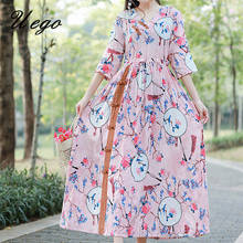2021 nova chegada manga curta primavera verão vestido de linho algodão impressão floral estilo chinês vintage vestido feminino casual longo vestido 2024 - compre barato