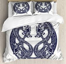 Celtic Dragon Duvet Cover Set Roudn Motif with Swirling Myth Creature 3 Piece Bedding Set Dark Night Blue Ivory 2024 - buy cheap