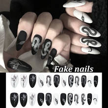 Unhas falsas encapadas com padrão punk, unhas falsas encapadas de cabeça redonda e estilosa, pontas de arte de unhas falsas, 24 segundos 2024 - compre barato