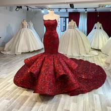Vestido de noiva vermelho tipo sereia, sem alças, com decote em babado, longo, lantejoulas e lantejoulas 2024 - compre barato