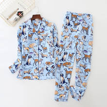 Pijama feminino bonito impressão do cão escovado algodão pijamas 2 peças conjunto de manga longa elástico cintura calças lounge pijamas 2024 - compre barato
