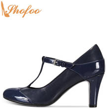 Zapatos de tacón alto con correa en T para mujer, calzado de punta redonda, color azul marino, talla grande 14 15, para oficina, a la moda, Mary Jane, Shofoo 2024 - compra barato