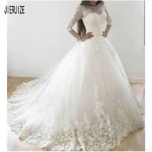 Белое Кружевное бальное платье JIERUIZE, свадебные платья с аппликацией, прозрачное платье невесты с рукавом 3/4, свадебные платья на пуговицах 2024 - купить недорого