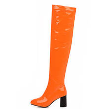 Botas por encima de la rodilla para mujer, Botines altos hasta el muslo de charol, de tacón cuadrado, zapatos de fiesta, talla grande, naranja, rojo, amarillo, verde 2024 - compra barato