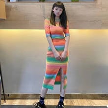 Rainbow Striped 2 Piece Set Women 2021 Summer Knitted Skirt and Top Set O-neck Half Sleeve Blouse + Split Front Midi Skirt Set 2024 - buy cheap
