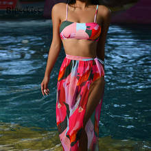 Комплект бикини женский из 3 предметов, купальный костюм с накидкой, бандо с принтом в бразильском стиле, купальный костюм с завышенной талией, пляжная одежда, 2021 2024 - купить недорого