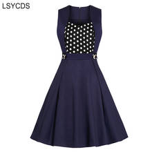 LSYCDS Tunic Dresses Navy-Blue Sleeveless Contrast Polka-Dot Vintage Cotton Women A-Line Pin Up Dress 2024 - buy cheap