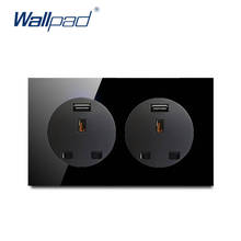Wallpad Dual 3 Pin UK Socket With USB Charger Wall Power Socket Crystal Tempered Pure Black Glass Panel Outlet Grounded 146*86mm 2024 - buy cheap