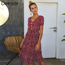 Deenor Summer Beach Holiday Dress Dot Print V-neck Boho Buttons Casual Short Sleeve Dress Party Maxi Dresses Outfits for Women 2024 - buy cheap