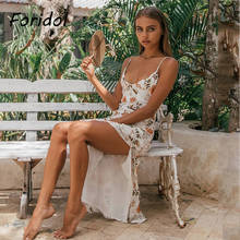 Vestido longo estampado de folhas e flores foridol, vestido longo de verão na praia para mulheres com alça espaguete, fenda alta, sem costas, laço 2024 - compre barato