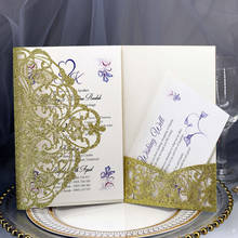 Cartões de festa de casamento de bolso triplo, cortado a laser com glitter dourado, convites impressos de noivado em 20 + cores com cartão rsvp e envelope 2024 - compre barato