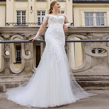 Lindo vestido de noiva manga longa, mais novo vestido de casamento, sereia, para noiva, ilusão, joia, pescoço, aplique 2024 - compre barato
