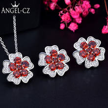 ANGELCZ дропшиппинг модное красное кубическое циркониевое ожерелье с подвеской из кристаллов в виде цветка и серьги элегантный набор украшений для женщин AJ188 2024 - купить недорого