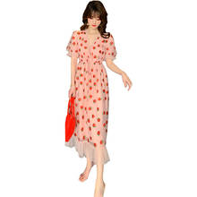 Estilo francês marca designer impressão morango vestido mulher manga curta casual elegante midi vestido senhoras rosa bonito verão roupas 2024 - compre barato