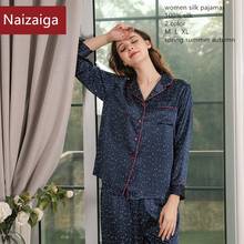 Naizaiga-Pijama de seda con lunares para mujer, traje de manga larga, color azul marino y blanco, 100%, SKFS3, 19 Momme 2024 - compra barato