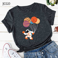 JCGO-Camiseta de manga corta de algodón para mujer, ropa de talla grande con estampado de globo de astronauta de dibujos animados de S-5XL, camisetas informales, Tops de cuello redondo 2024 - compra barato