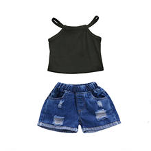Citgeett Summer Kids Girls Fashion 2-piece Outfit Set Sleeveless Tops+Ripped Denim Shorts Clothes Set 2024 - buy cheap