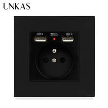 UNKAS Black Plastic Panel French Standard Electrical Wall Socket With 2 USB Outlet Charger Adapter 86*86mm 2024 - buy cheap