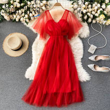 Vestido de festa de jantar feminino 2021 verão com decote em v malha sexy vestidos longos a linha vermelho elegante vestidos de manga curta mulher vestido amarelo 2024 - compre barato