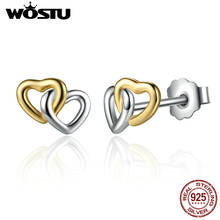 Original Real 925 Sterling Silver &  Gold Color Heart To Heart Stud Earrings For Women Compatible With Jewelry Gift 2024 - buy cheap