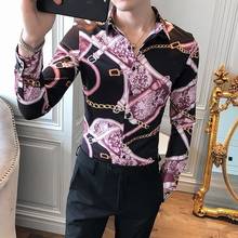 Gold Chain Men's Shirts Slim Fit Streetwear Brand Male Clothing Camisas Para Hombre Long Sleeve Casual Floral Party Dress Blouse 2024 - buy cheap