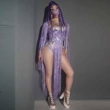 Женское трико из спандекса, блестящее фиолетовое, с бахромой и длинным рукавом, танцевальный костюм для сцены 2024 - купить недорого