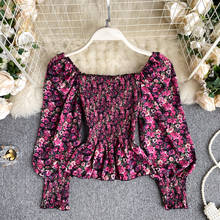 Blusa Retro de otoño para mujer, camisa de manga corta abombada ajustada elástica con cuello cuadrado, estilo Floral, GK519 2024 - compra barato