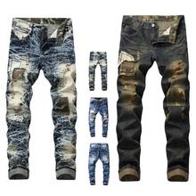 Multiple Styles Men Beggar Jeans Vintage Hole Straight Biker Jeans  Zipper Pleated Stitching Male Streetwear Hip Hop Denim Pants 2024 - buy cheap