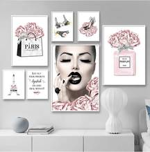 Pintura de diamante artesanal, flor rosa, perfume, moda para mujer, bordado de diamantes de imitación, labios plateados, pintura artística de maquillaje, imagen de pared moderna 2024 - compra barato