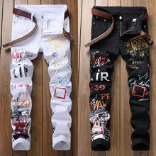 Fashion Streetwear Men Jeans Slim Fit Elastic Stretch Hip Hop Pants Printed Designer Jeans Men Night Club Pun Style Pencil Pants 2024 - buy cheap