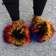 Summer Fluffy Raccoon Fur Slippers Shoes Women Real Fox Fur Flip Flop Flat Furry Fur Slides Outdoor Sandals Woman Amazing Shoes 2024 - buy cheap