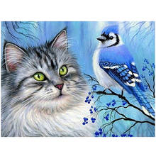 5d diy pintura diamante gato e pássaro azul artesanato mão kits ponto cruz completo diamante mosaico bordado espaço inteiro perfuração 2024 - compre barato
