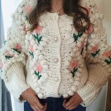 AYUALIN Boho Beige Floral Embroidery Loose Jumper Cardigan Hand-knitted Sweater Casual Pull Autumn Winter Warm Women Sweaters 2024 - buy cheap