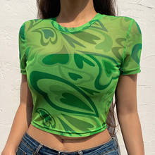 Women Sexy Sheer Mesh T-Shirts Female Short Sleeve Crew Neck Heart Print Slim Fit Crop Tops Green Pink Orange 2024 - buy cheap